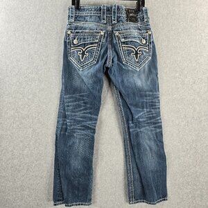 Rock Revival Jasper Jeans Mens 31x31 Boot Cut Low Rise Distressed Whiskered